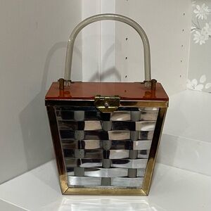 Vintage MCM Mid Century Modern 1950s 1960’s Woven Metal Basket Purse Lucite Etra